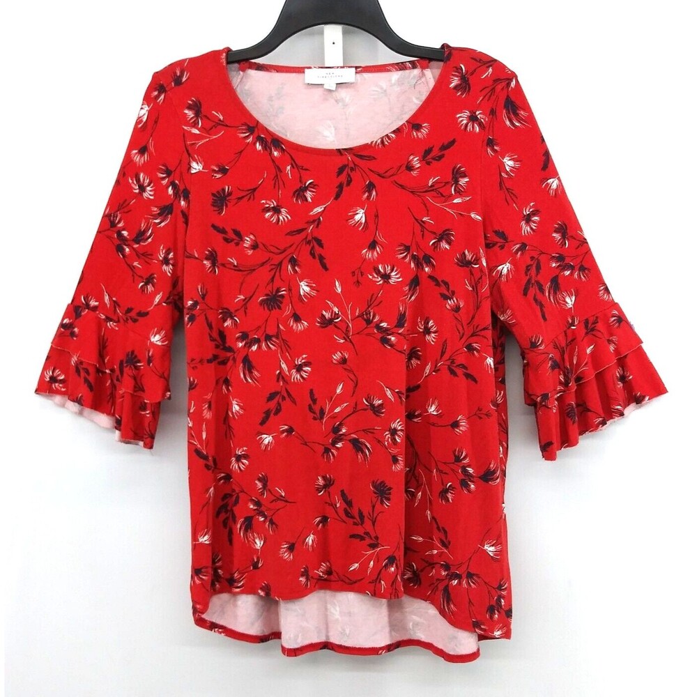 New Directions Blouse Womens Size L Red Floral 3/4 Bell Sleeve Pullover Top